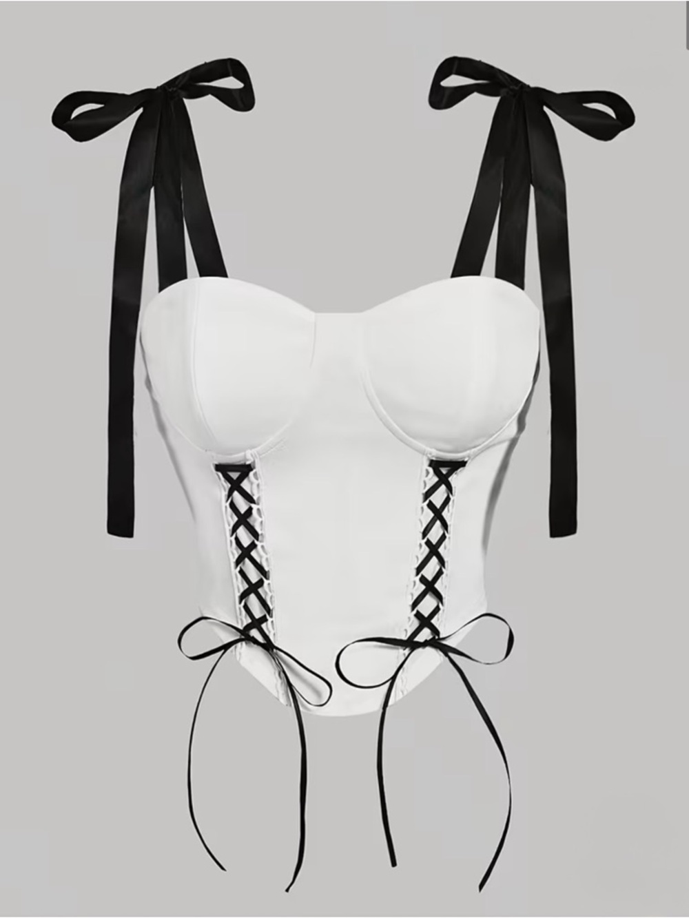 White Corset Tie-Shoulder Bustier Top with Black Ribbon Details